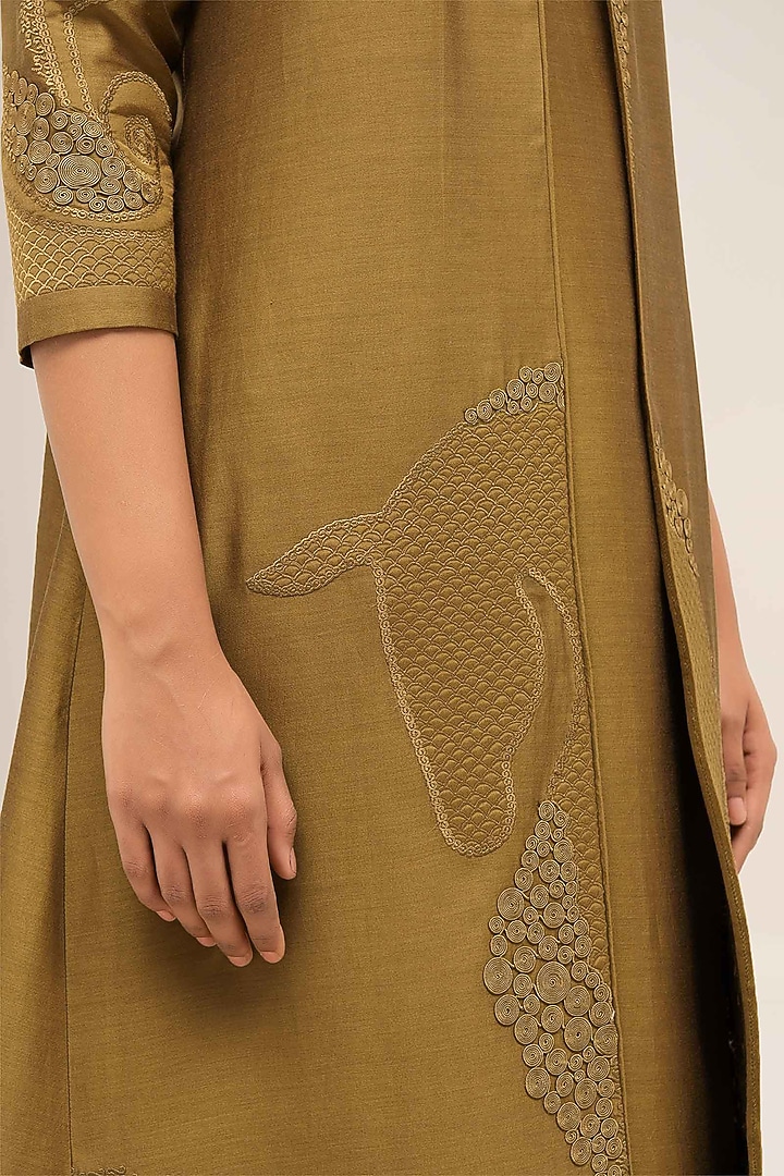 Olive Chanderi Hand Embroidered Jacket Set by AMPM at Pernia's Pop Up Shop