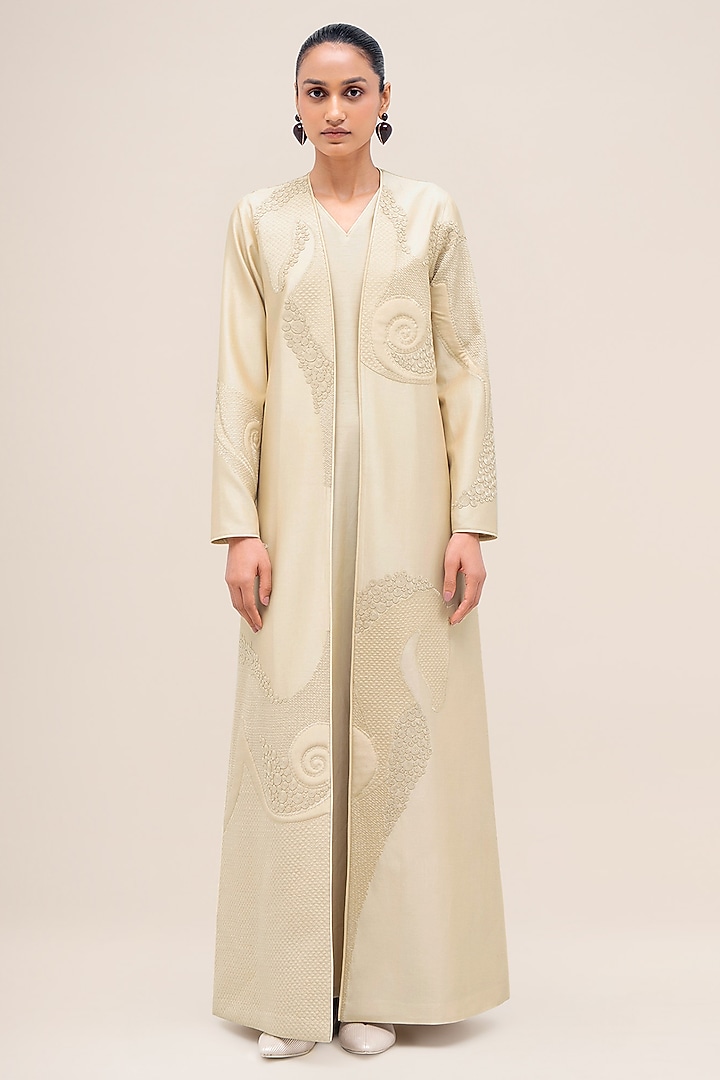 Bone Ivory Chanderi Silk Thread Work Abaya Set by AMPM at Pernia's Pop Up Shop