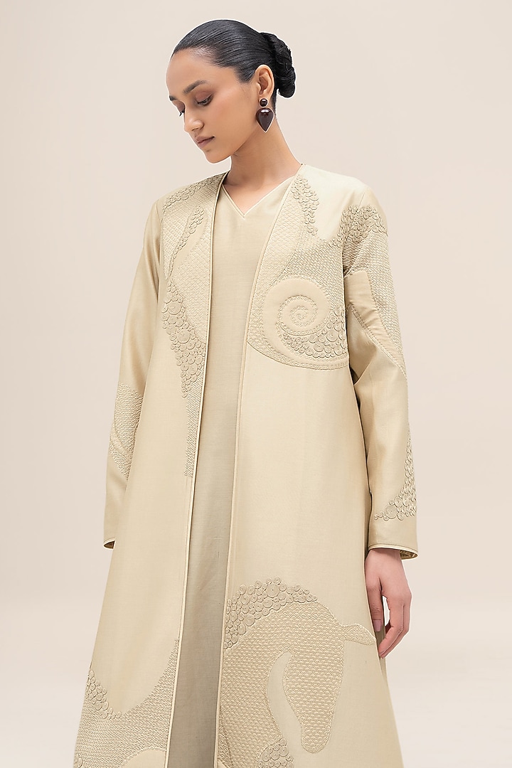 Bone Ivory Chanderi Silk Thread Work Abaya Set by AMPM at Pernia's Pop Up Shop