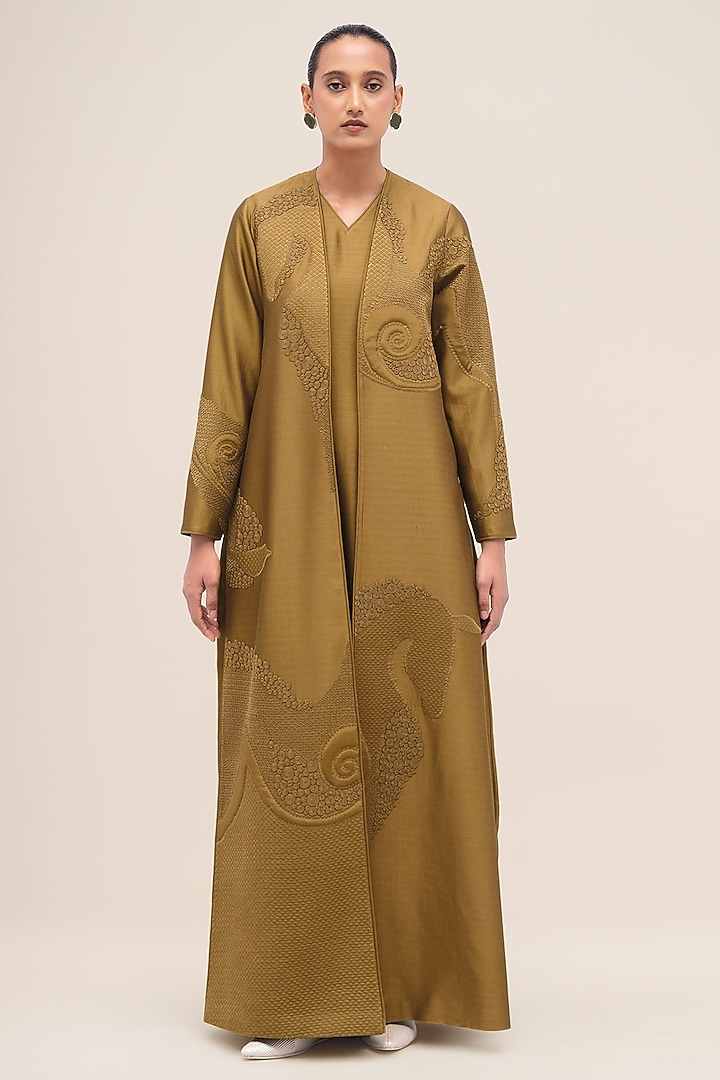 Olive Chanderi Silk Thread Work Abaya Set by AMPM at Pernia's Pop Up Shop