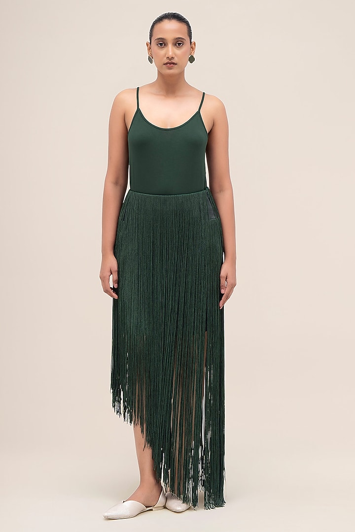 Bottle Green Cupro Asymmetrical Skirt by AMPM at Pernia's Pop Up Shop