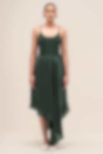 Bottle Green Satin Organza Asymmetrical Skirt by AMPM at Pernia's Pop Up Shop