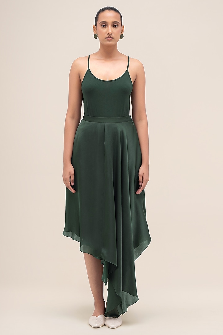 Bottle Green Satin Organza Asymmetrical Skirt by AMPM at Pernia's Pop Up Shop
