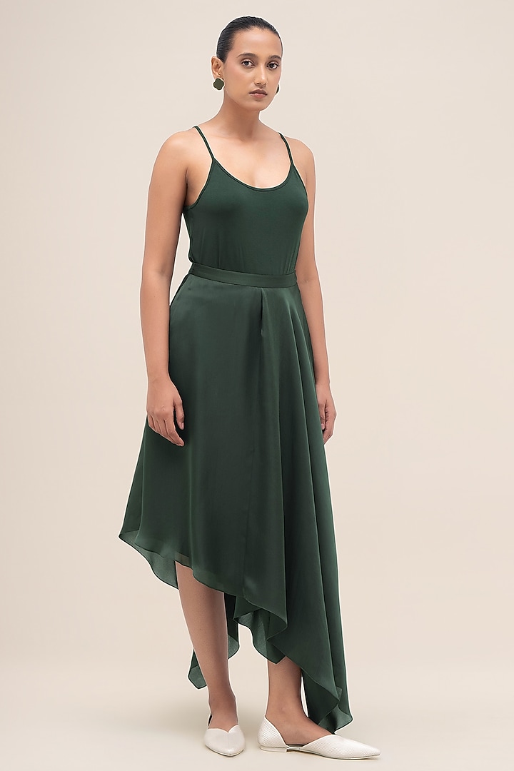 Bottle Green Satin Organza Asymmetrical Skirt by AMPM at Pernia's Pop Up Shop