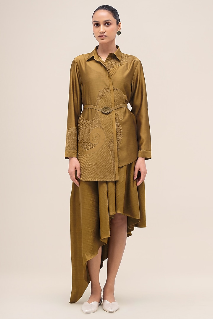 Olive Rose Silk & Chanderi Asymmetrical Skirt Set by AMPM at Pernia's Pop Up Shop