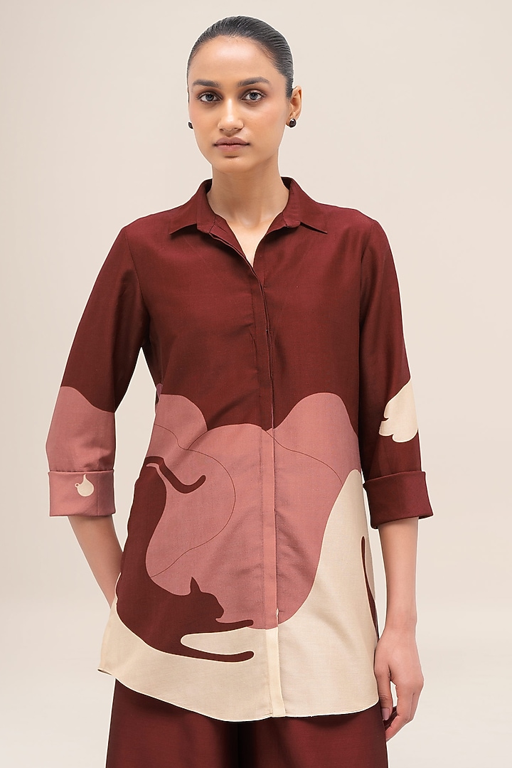 Brick Red Chanderi Printed Pant Set by AMPM at Pernia's Pop Up Shop