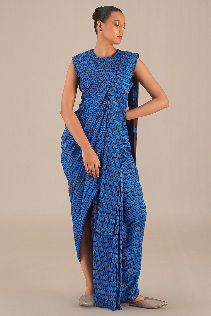 Cobalt Blue Silk Printed Pre-Draped Saree by AMPM at Pernia's Pop Up Shop