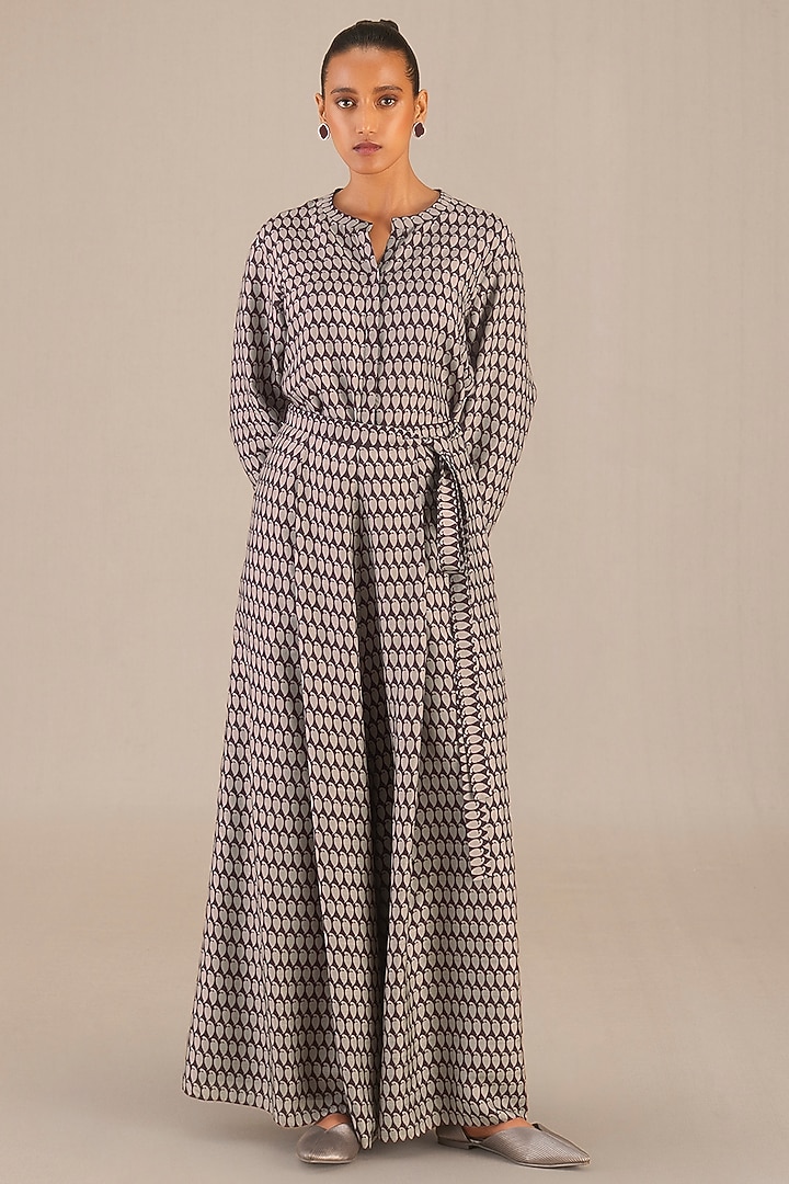 Beige & Burgundy Silk Printed Co-Ord Set by AMPM at Pernia's Pop Up Shop