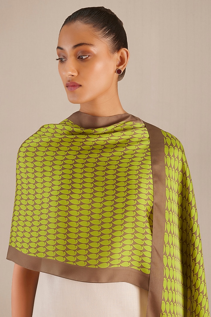 Olive Green Organza Satin Printed Scarf by AMPM at Pernia's Pop Up Shop
