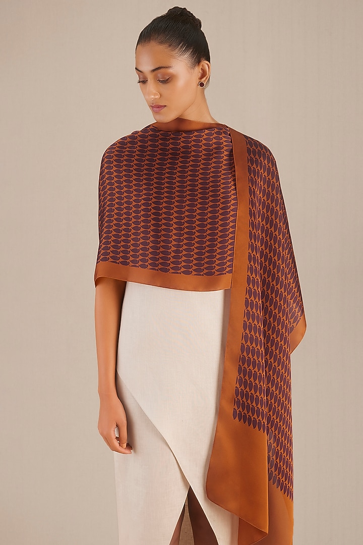 Tan & Burgundy Organza Satin Printed Scarf by AMPM at Pernia's Pop Up Shop