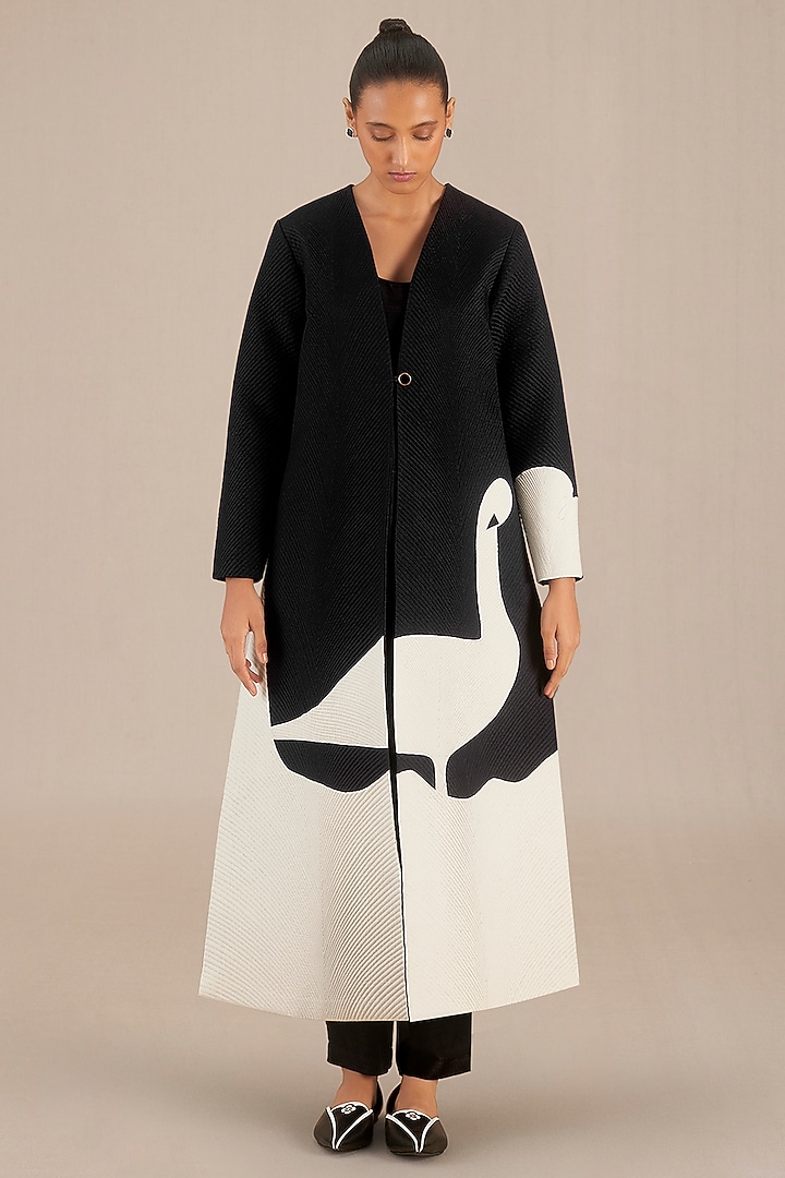 Black & Ivory Silk Embroidered Structured Jacket by AMPM at Pernia's Pop Up Shop