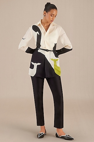 Ivory & Black Satin Printed Co-Ord Set by AMPM