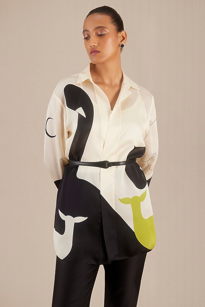Ivory & Black Satin Printed Co-Ord Set by AMPM at Pernia's Pop Up Shop