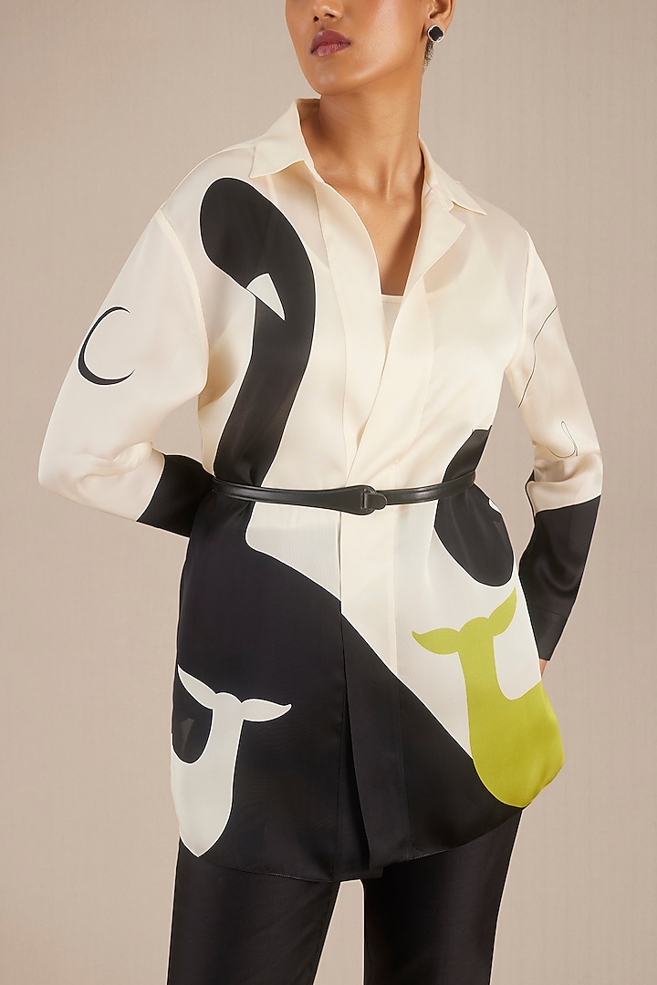 Ivory & Black Satin Printed Co-Ord Set by AMPM at Pernia's Pop Up Shop