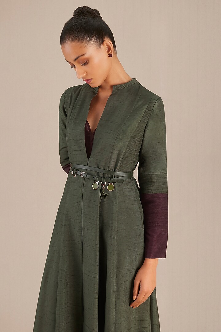 Olive Green Silk Jacket Set by AMPM at Pernia's Pop Up Shop