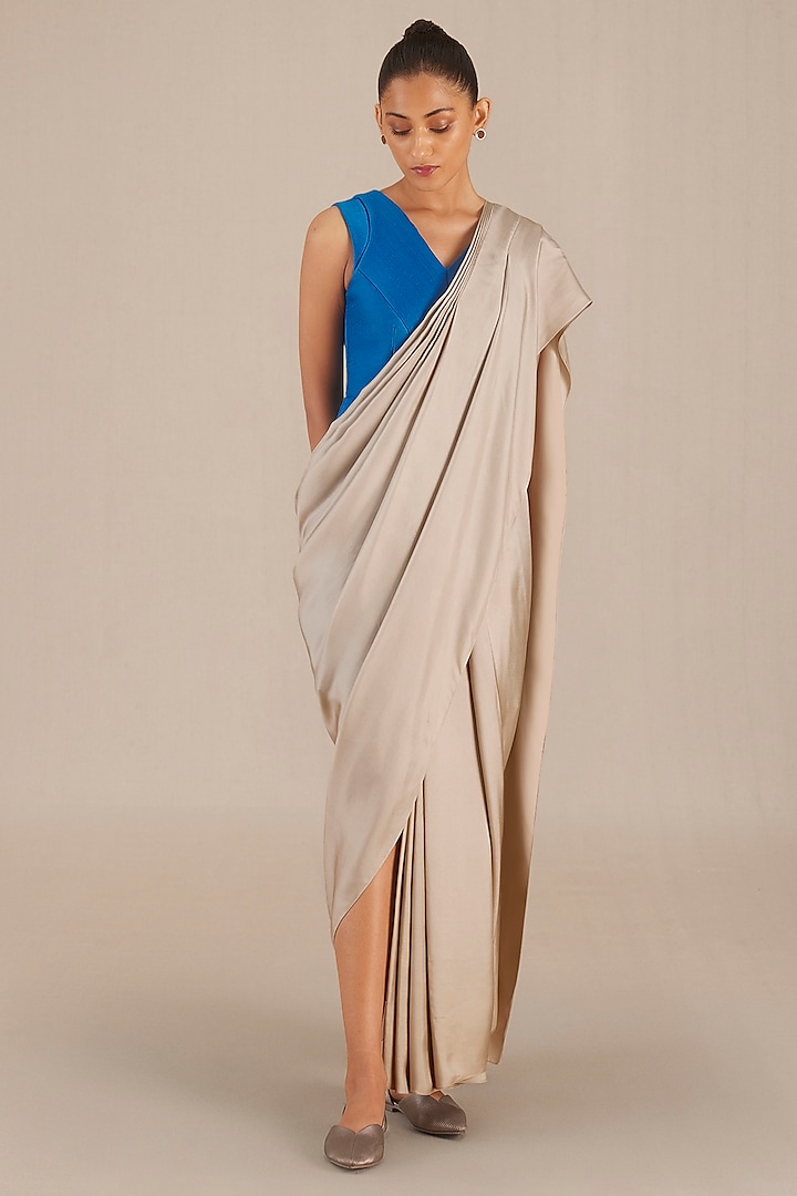 Beige Silk Pre-Draped Saree by AMPM