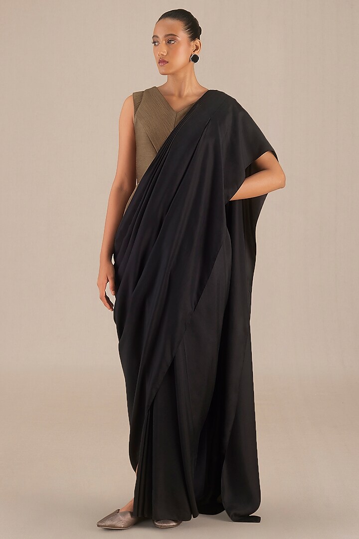 Black & Taupe Silk Pre-Draped Saree by AMPM