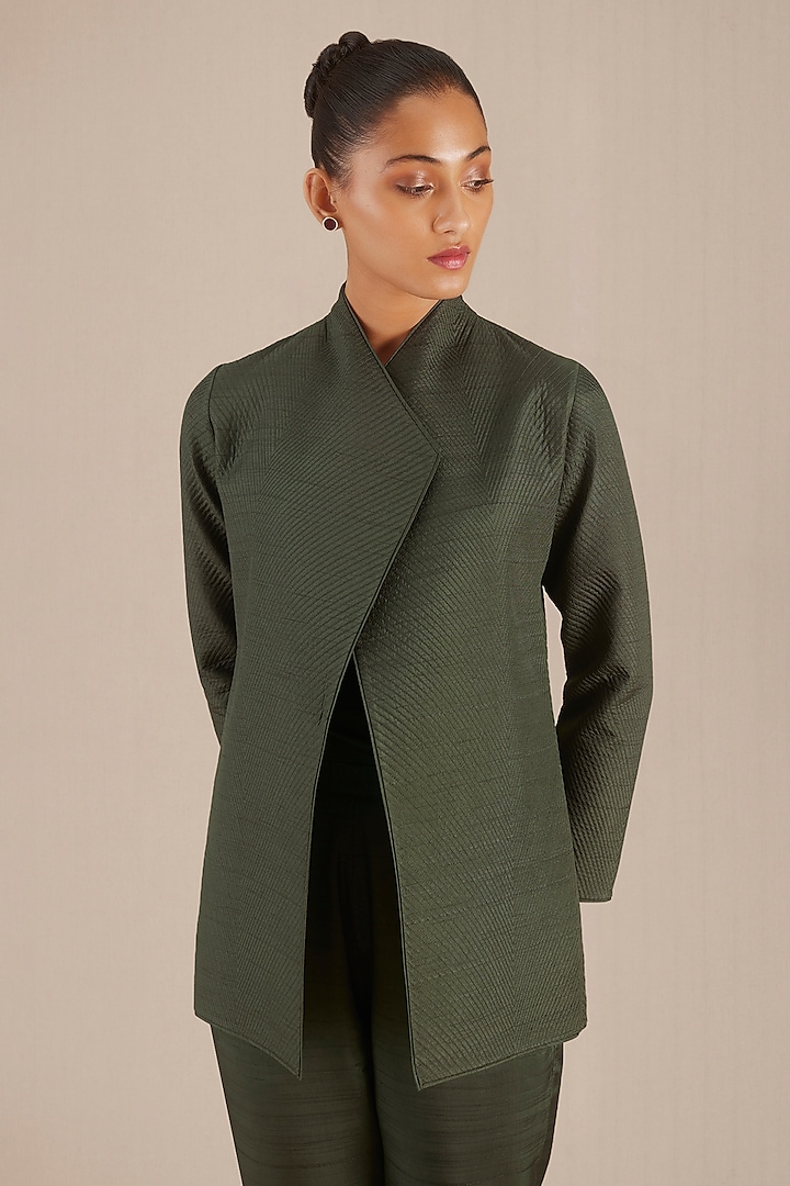 Olive Green Silk Structured Jacket by AMPM at Pernia's Pop Up Shop