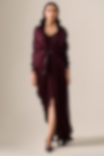 Burgundy Satin Organza Pre-Stitched Wedding Saree by AMPM at Pernia's Pop Up Shop