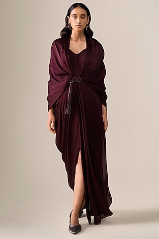 Burgundy Satin Organza Pre-Stitched Saree by AMPM