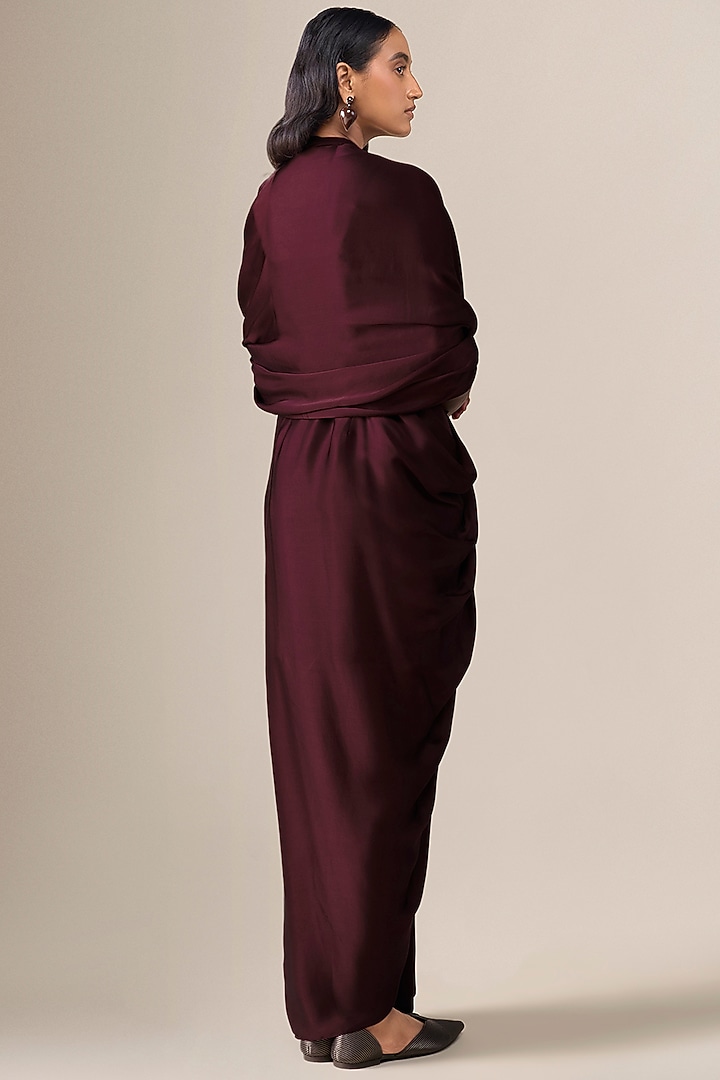 Burgundy Satin Organza Pre-Stitched Wedding Saree by AMPM at Pernia's Pop Up Shop