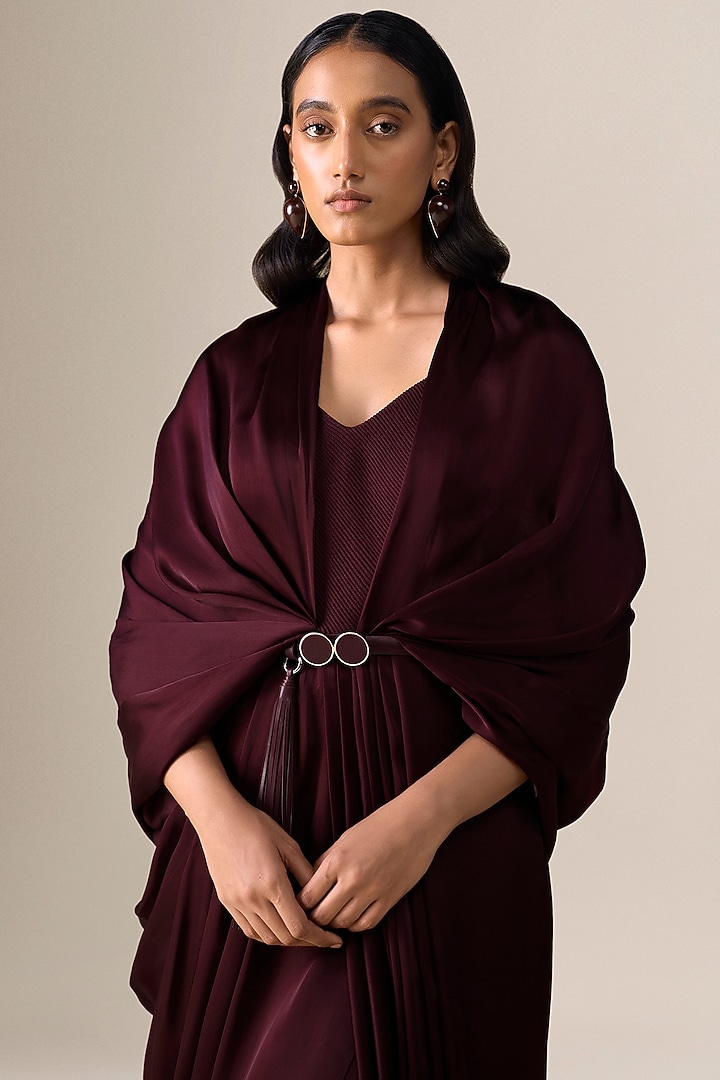 Burgundy Satin Organza Pre-Stitched Wedding Saree by AMPM at Pernia's Pop Up Shop