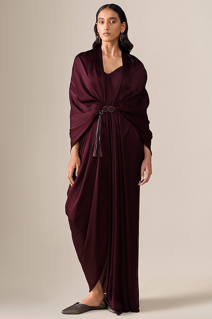 Burgundy Satin Organza Pre-Stitched Wedding Saree by AMPM at Pernia's Pop Up Shop