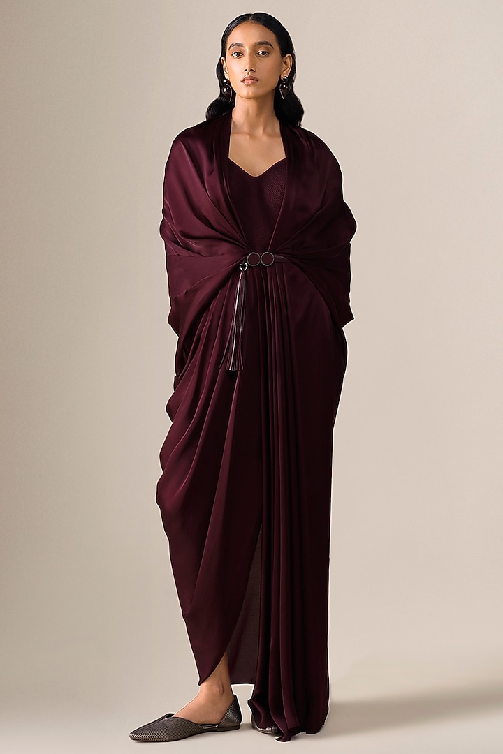 Burgundy Satin Organza Pre-Stitched Wedding Saree by AMPM at Pernia's Pop Up Shop