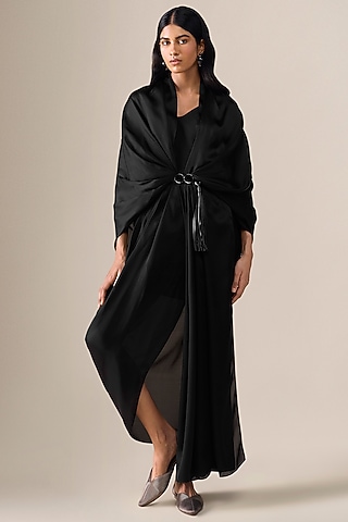 Black Satin Organza Pre-Stitched Saree by AMPM