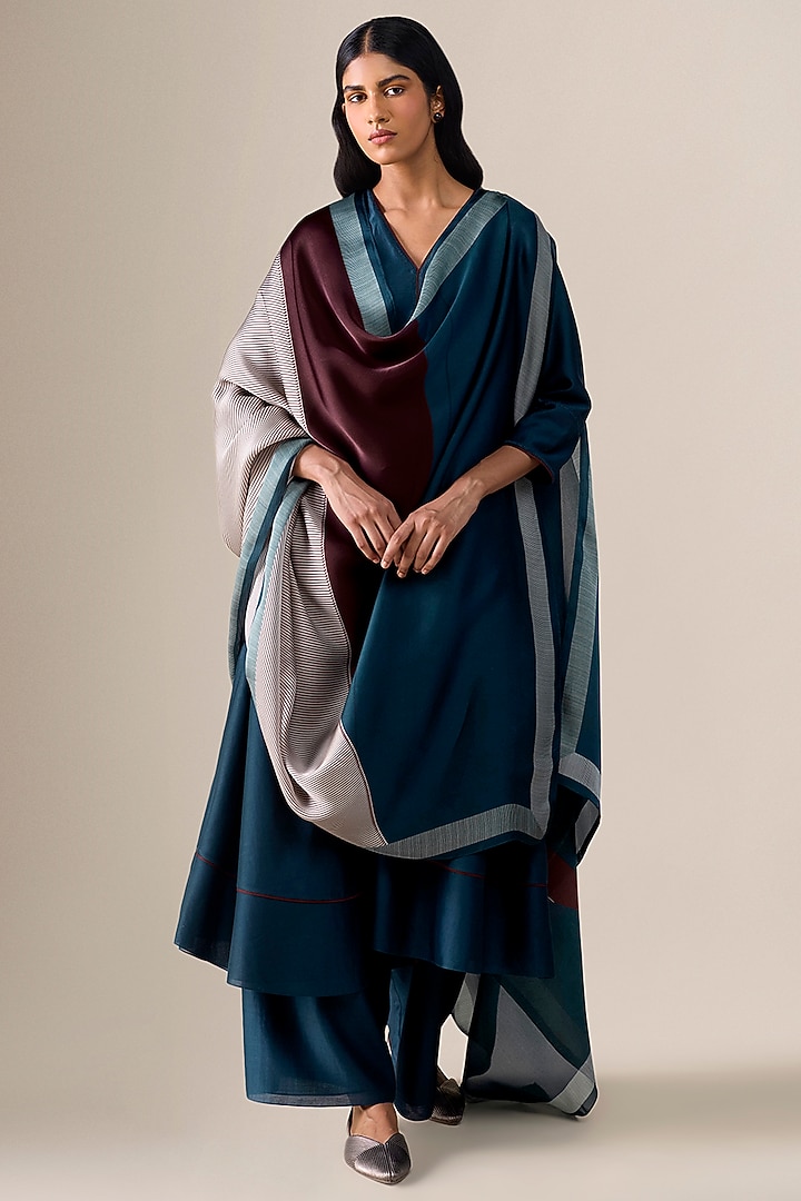 Dark Smokey Blue Cotton Silk Asymmetric Kurta Set by AMPM at Pernia's Pop Up Shop