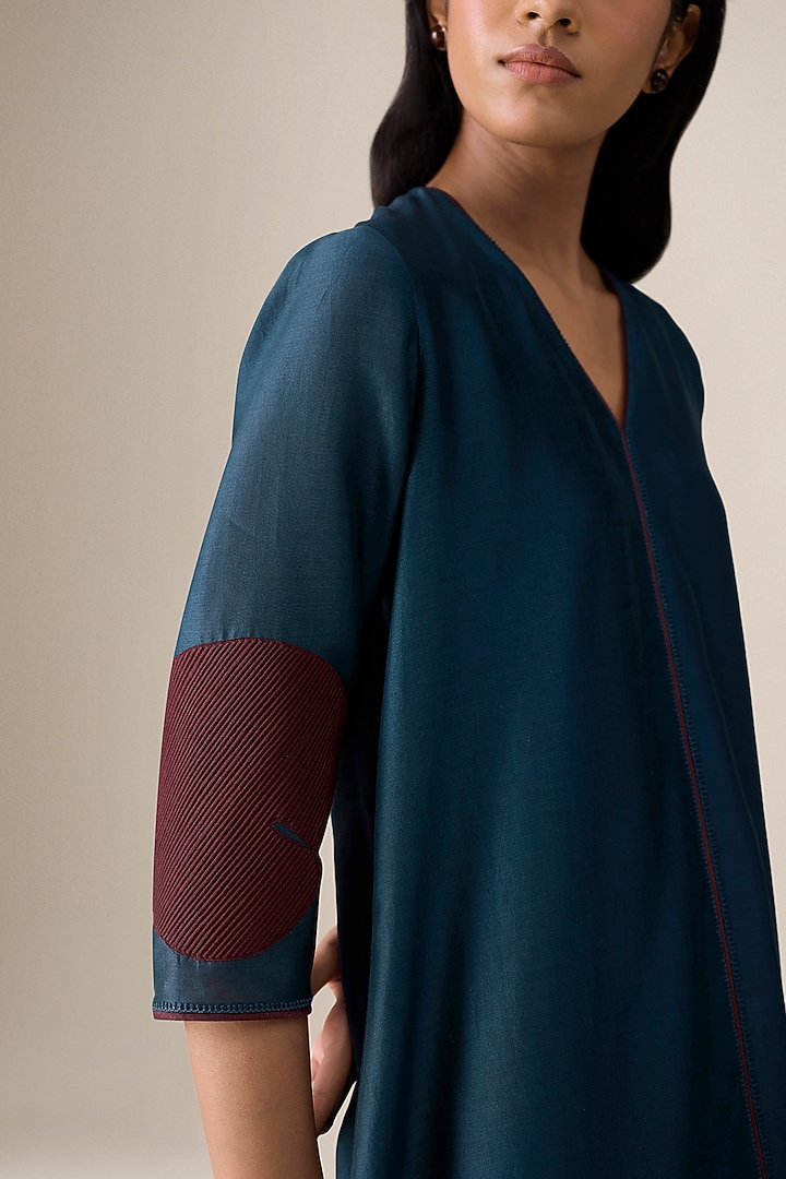Dark Smokey Blue Cotton Silk Asymmetric Kurta Set by AMPM at Pernia's Pop Up Shop