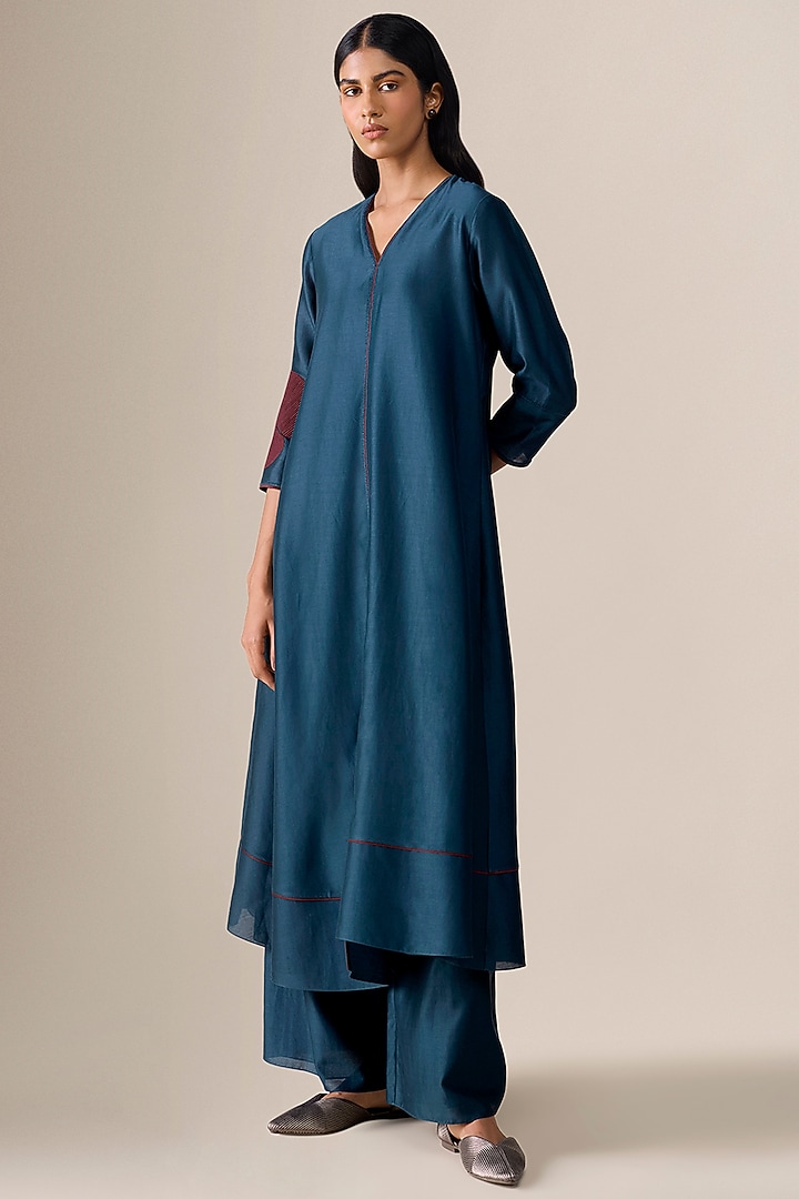 Dark Smokey Blue Cotton Silk Asymmetric Kurta Set by AMPM at Pernia's Pop Up Shop