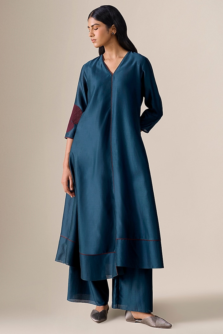 Dark Smokey Blue Cotton Silk Asymmetric Kurta Set by AMPM at Pernia's Pop Up Shop