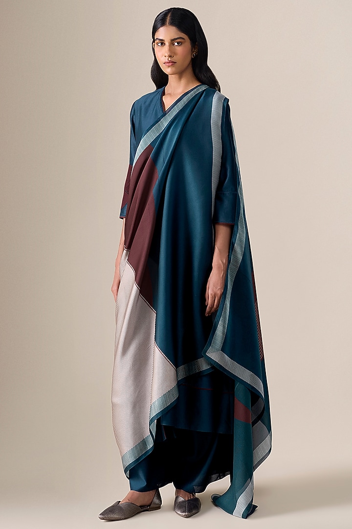 Dark Smokey Blue Cotton Silk Asymmetric Kurta Set by AMPM at Pernia's Pop Up Shop