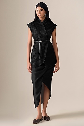 Black Satin Draped Skirt Set by AMPM