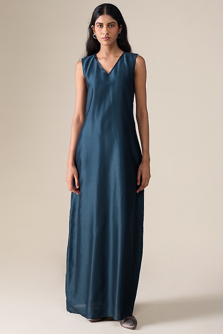 Dark Smokey Blue Silk Blend Abaya Set by AMPM at Pernia's Pop Up Shop