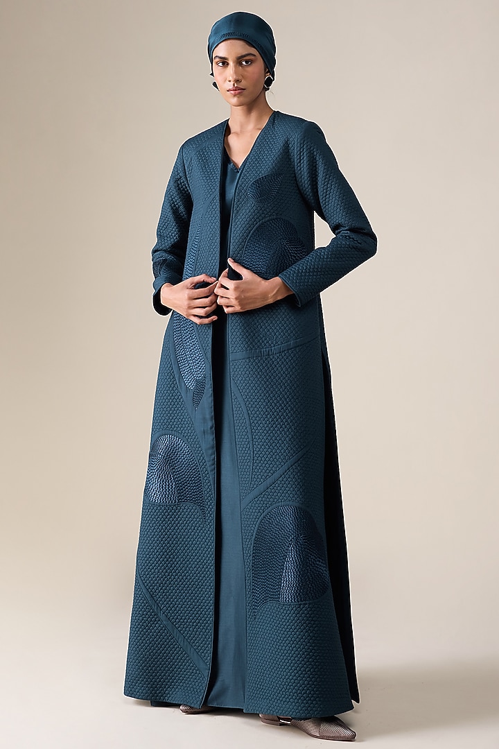 Dark Smokey Blue Silk Blend Abaya Set by AMPM at Pernia's Pop Up Shop