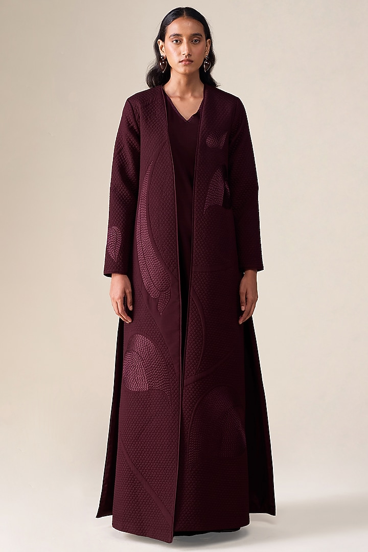 Burgundy Silk Blend Abaya Set by AMPM at Pernia's Pop Up Shop