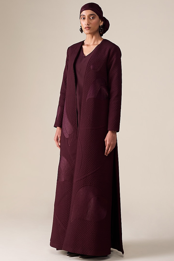 Burgundy Silk Blend Abaya Set by AMPM at Pernia's Pop Up Shop