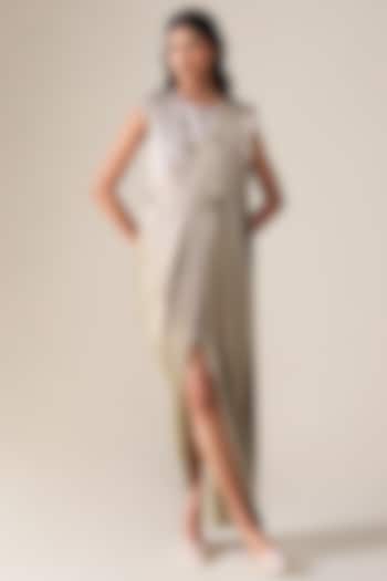 Ash Beige Cotton Slk Pre-Stitched Reception Saree Set by AMPM at Pernia's Pop Up Shop