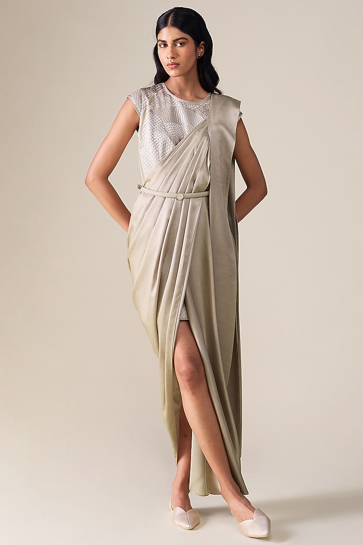 Ash Beige Cotton Slk Pre-Stitched Reception Saree Set by AMPM at Pernia's Pop Up Shop