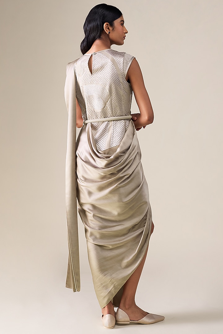 Ash Beige Cotton Slk Pre-Stitched Reception Saree Set by AMPM at Pernia's Pop Up Shop