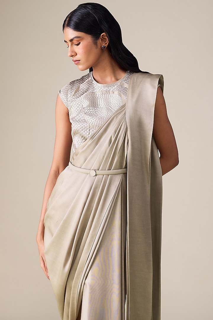 Ash Beige Cotton Slk Pre-Stitched Reception Saree Set by AMPM at Pernia's Pop Up Shop