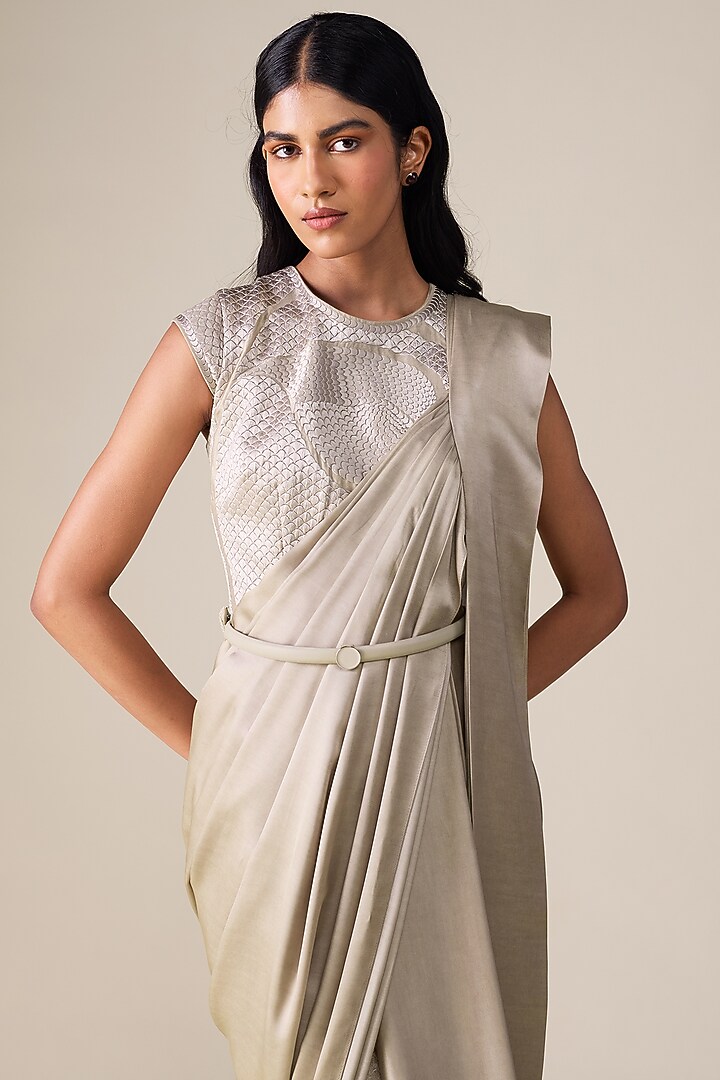 Ash Beige Cotton Slk Pre-Stitched Reception Saree Set by AMPM at Pernia's Pop Up Shop