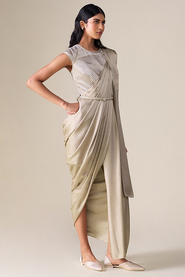 Ash Beige Cotton Slk Pre-Stitched Reception Saree Set by AMPM at Pernia's Pop Up Shop