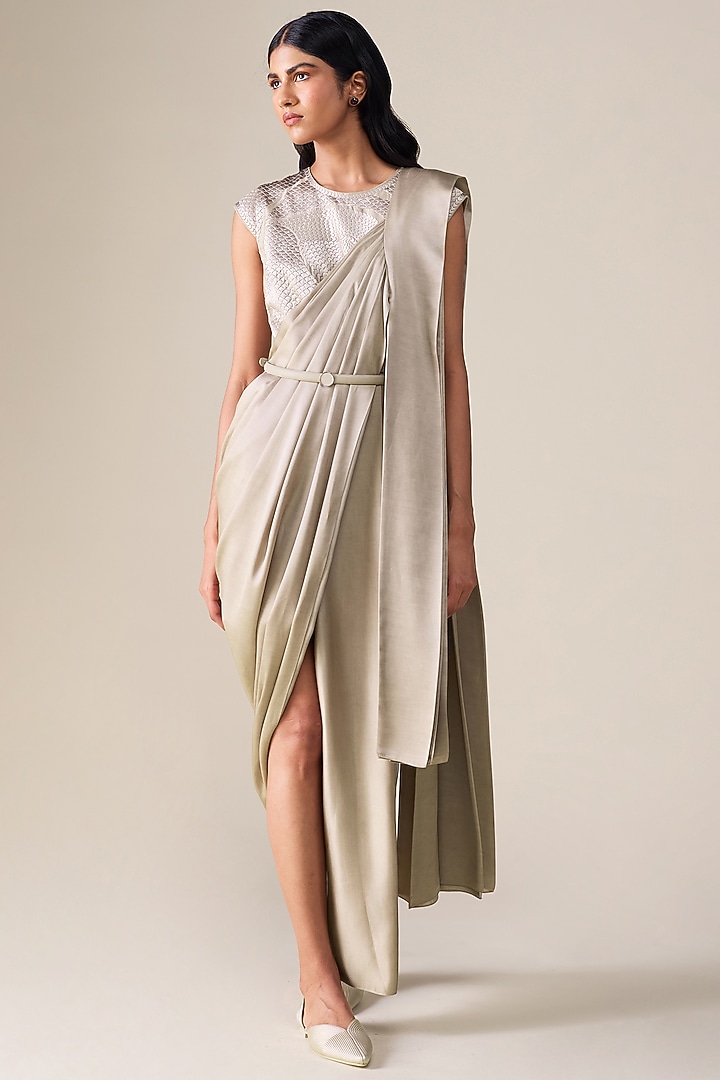 Ash Beige Cotton Slk Pre-Stitched Reception Saree Set by AMPM at Pernia's Pop Up Shop
