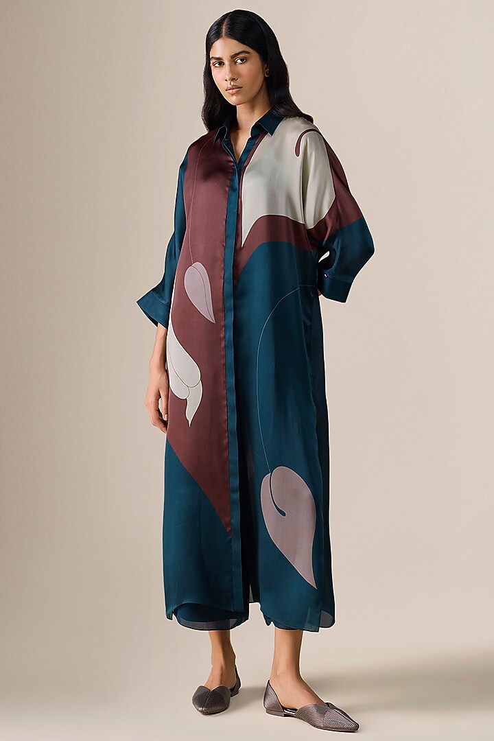 Dark Smokey Blue Satin Organza Tunic Set by AMPM at Pernia's Pop Up Shop
