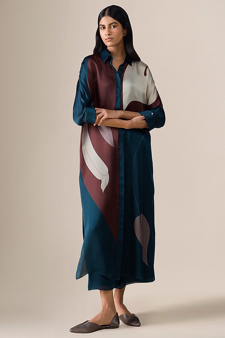 Dark Smokey Blue Satin Organza Tunic Set by AMPM at Pernia's Pop Up Shop
