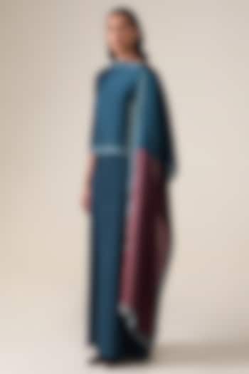 Dark Smokey Blue & Burnt Red Satin Organza Scarf by AMPM at Pernia's Pop Up Shop