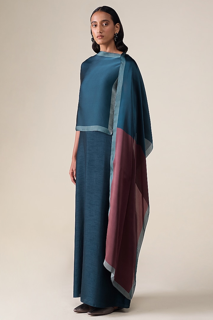 Dark Smokey Blue & Burnt Red Satin Organza Scarf by AMPM at Pernia's Pop Up Shop